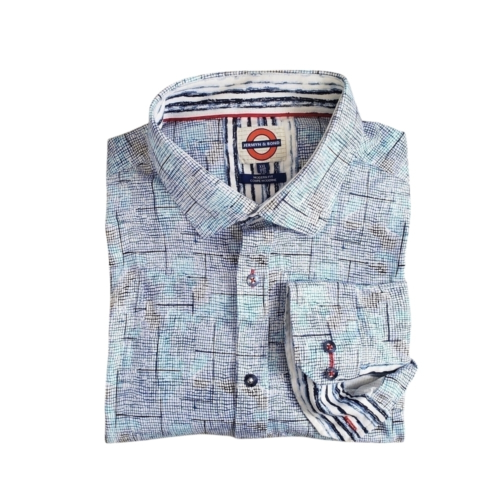 Jermyn & Bond Long Sleeve 100% Cotton Shirt Modern Fit Blue Abstract Print
